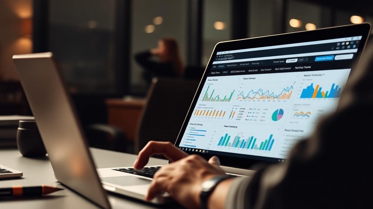 SEO professional analyzing website audit data and analytics on a laptop
